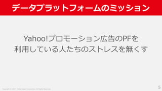 Copyright © 2017 Yahoo Japan Corporation. All Rights Reserved.
データプラットフォームのミッション
Yahoo!プロモーション広告のPFを
利用している人たちのストレスを無くす
5
 