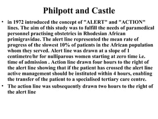 Philpott and Castle
• in 1972 introduced the concept of "ALERT" and "ACTION"
lines. The aim of this study was to fulfill the needs of paramedical
personnel practising obstetrics in Rhodesian African
primigravidae. The alert line represented the mean rate of
progress of the slowest 10% of patients in the African population
whom they served. Alert line was drawn at a slope of 1
centimetre/hr for nulliparous women starting at zero time i.e.
time of admission . Action line drawn four hours to the right of
the alert line showing that if the patient has crossed the alert line
active management should be instituted within 4 hours, enabling
the transfer of the patient to a specialised tertiary care centre.
• The action line was subsequently drawn two hours to the right of
the alert line
 