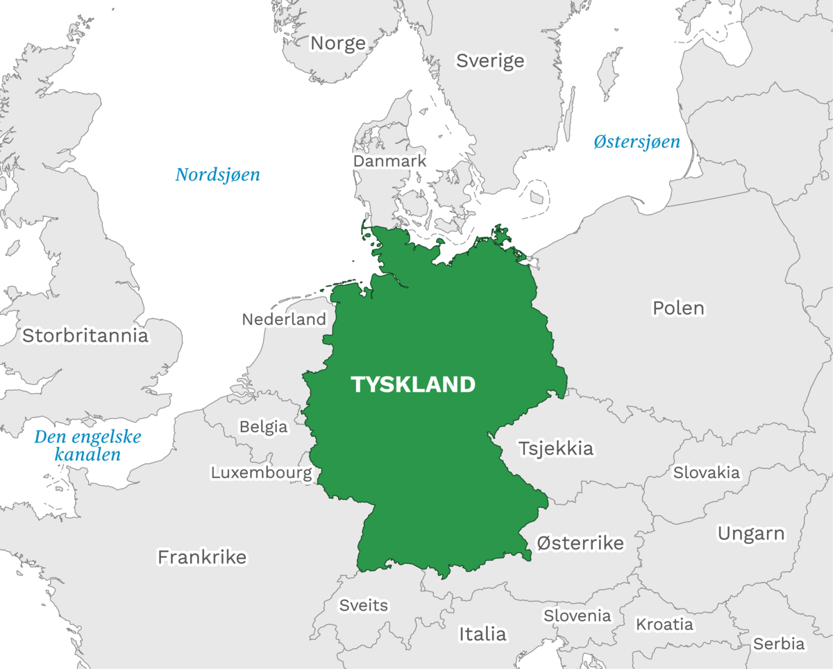 Plassering av Tyskland med naboland rundt, kart.