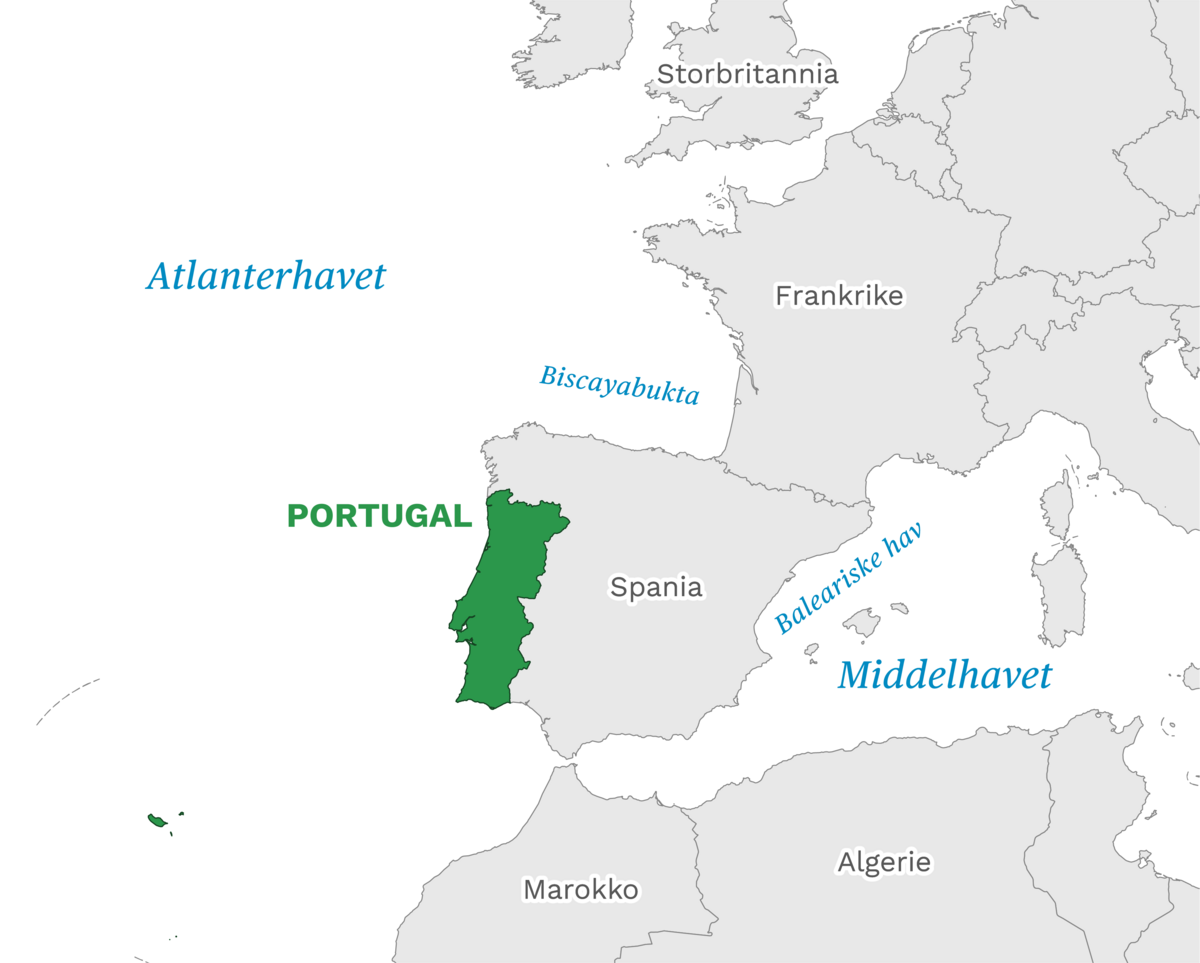 Plassering av Portugal med naboland rundt, kart.