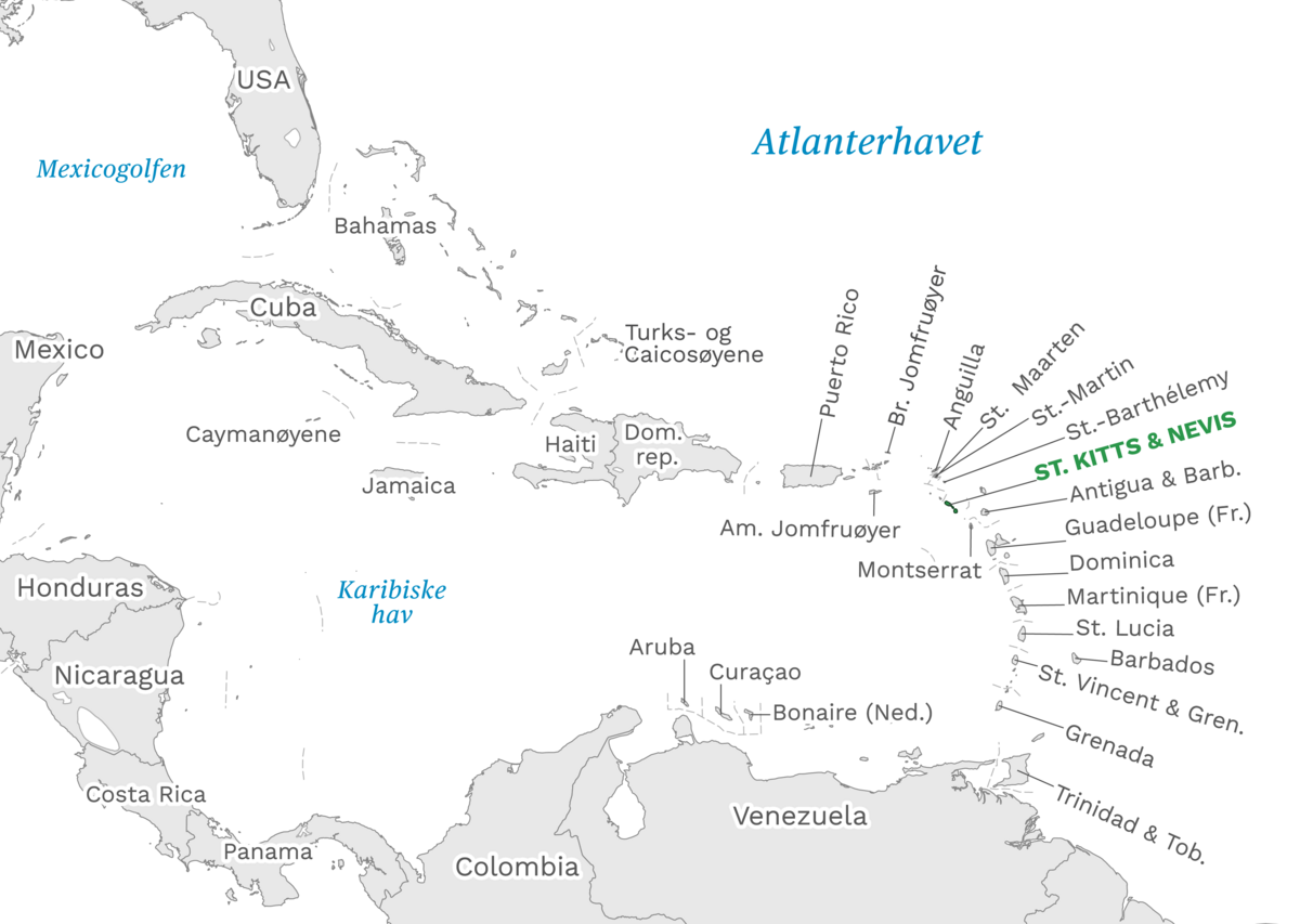 Plassering av St. Kitts og Nevis med naboland rundt, kart