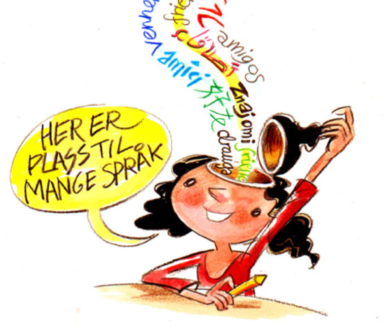 Tegning av jente som har mange språk i hodet med teksten "her er det plass til mange språk".