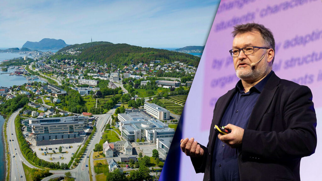 NTNU campus Ålesund sett fra lufta. Prorektor Geir Øyen presenterer på scene.