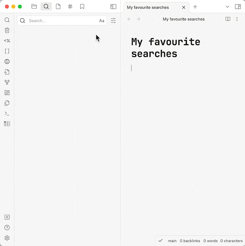 Showcase GIF: both editor and search view are open, a search for "hello" is done, then a mouse click on the new "Copy Obsidian search URL" context menu entry is done, the result is manually pasted in the editor, then another search is done for "dazuma", the menu entry is clicked, the result is pasted into the editor as well, then a third search is done for "plugins", the menu entry is clicked, that result is also pasted into the editor. Obsidian is then switched into reading mode, the three links are clicked in succession, bringing up their related searches