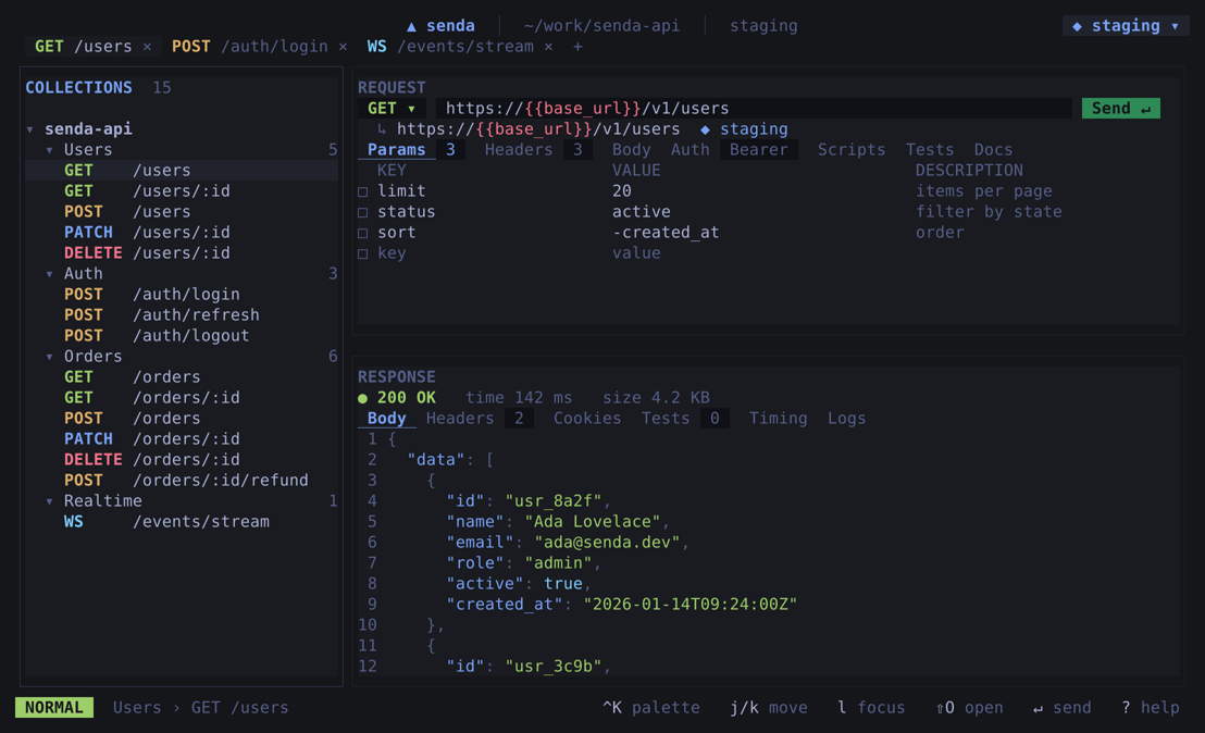 Stacked layout — tree, request stacked over response