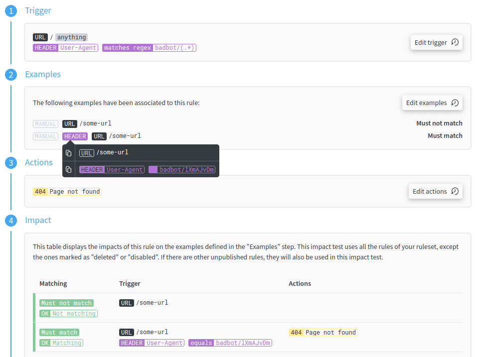 A rule triggered for a set of URLs, only when the User-Agent matches a given pattern