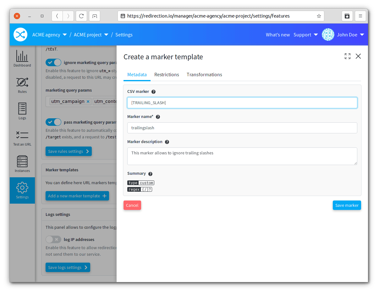 Marker templates management
