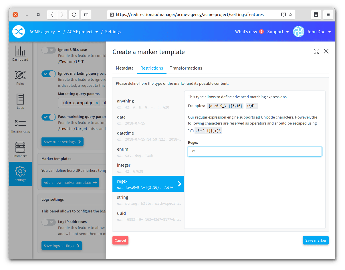 Marker templates management