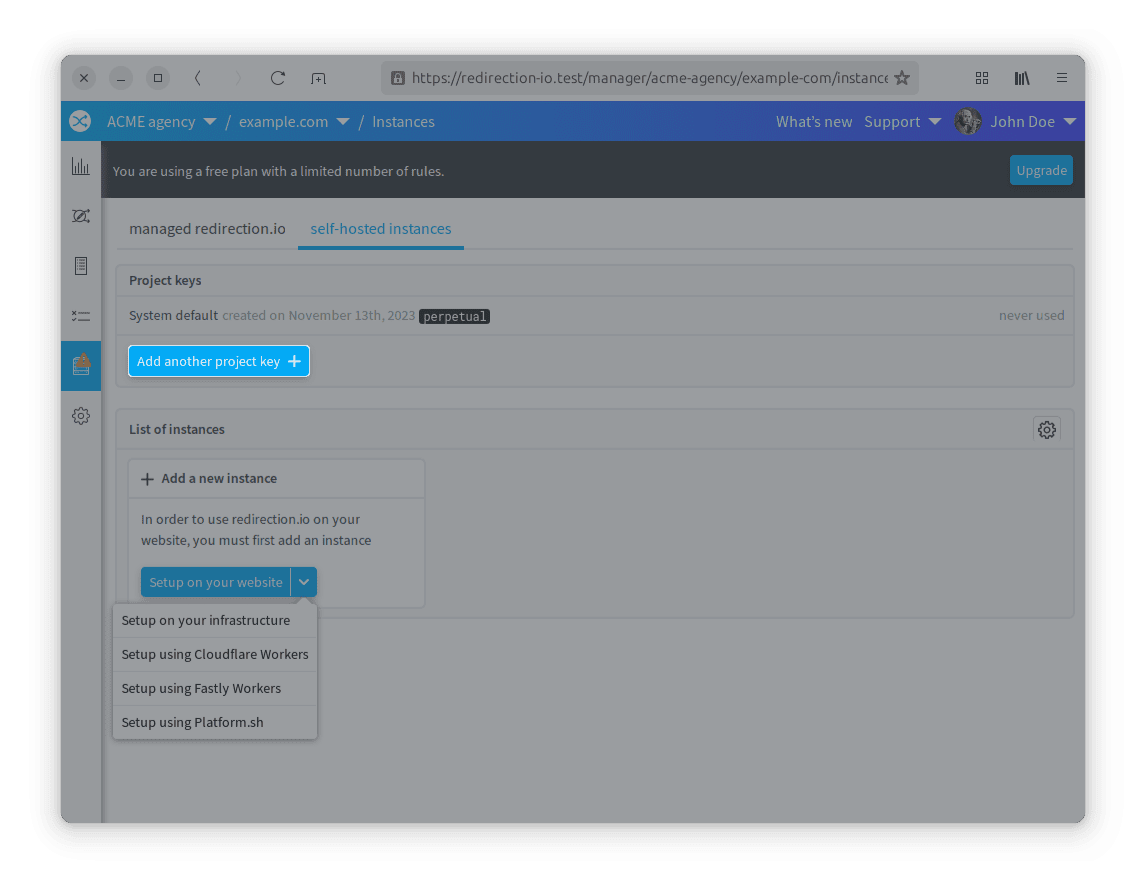 the redirection.io project key management GUI
