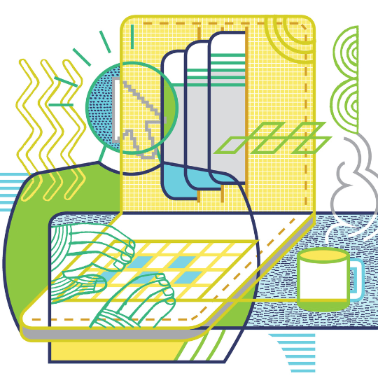 Abstract illustration by artist Thom Sevalrud depicting a figure working on a laptop with layered, geometric shapes in green, yellow, and blue tones. A steaming mug sits beside, suggesting a creative workspace.