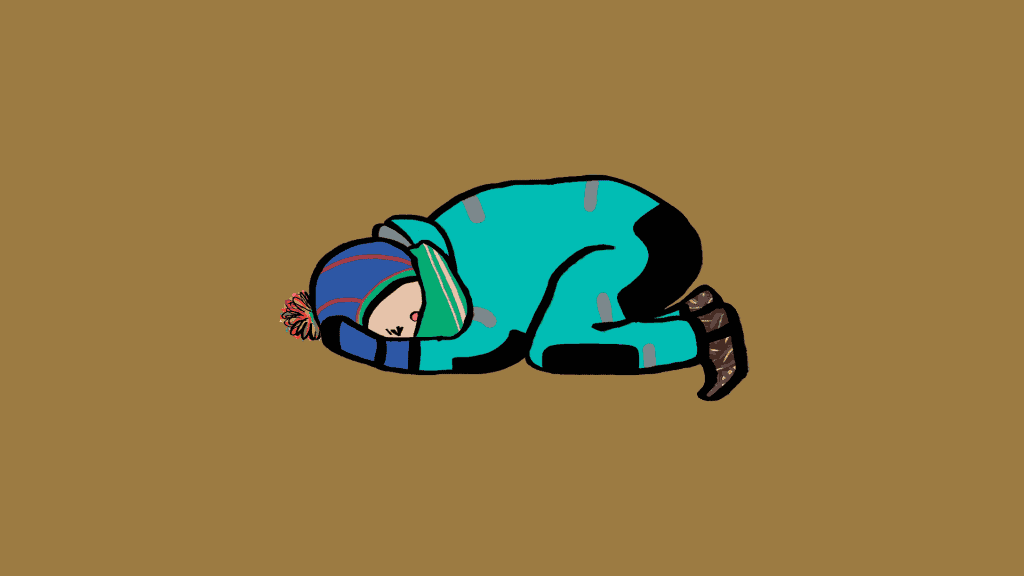 Illustrasjon som viser et samisk barn som er lei seg og som ligger sammenkrøket med hendene foran ansiktet.