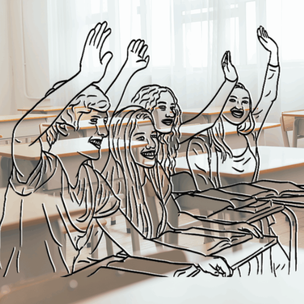 Foto av klasserom hvor man ser flere tomme skolepulter. Oppå fotografiet er det en strektegning av fire elever som rekker opp hånda.