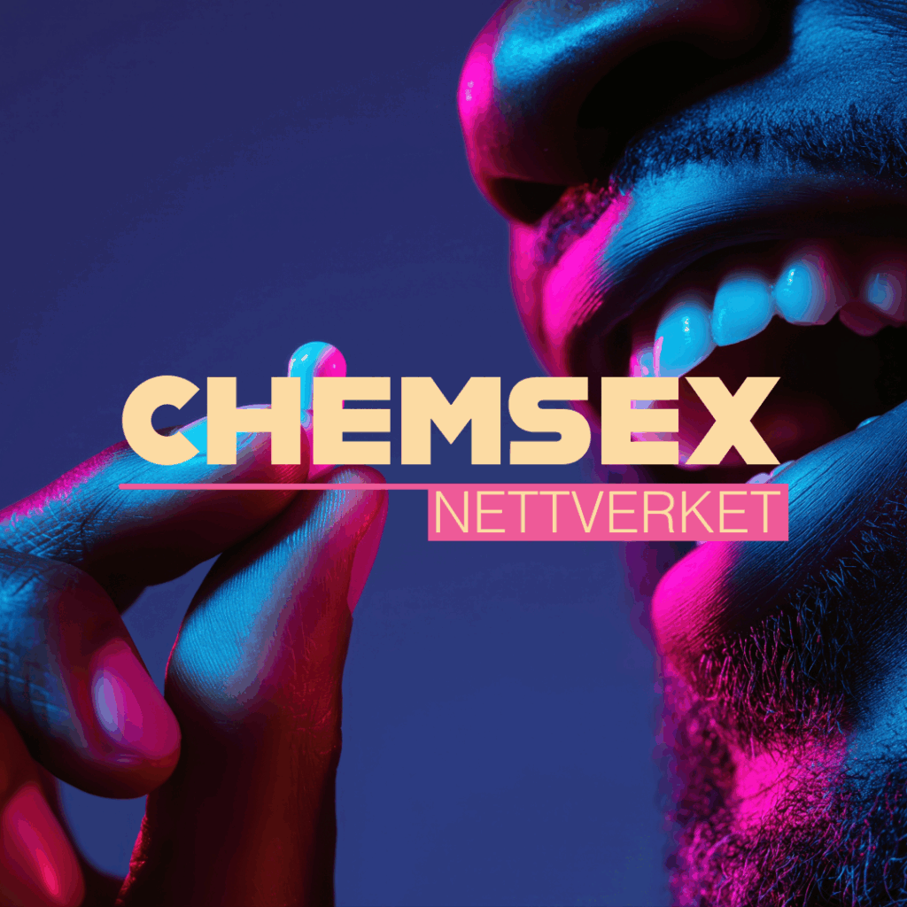 Fotografi av en person med skjegg som er på vei til å ta en pille. Oppå fotografiet står det skrevet Chemsex-nettverket.