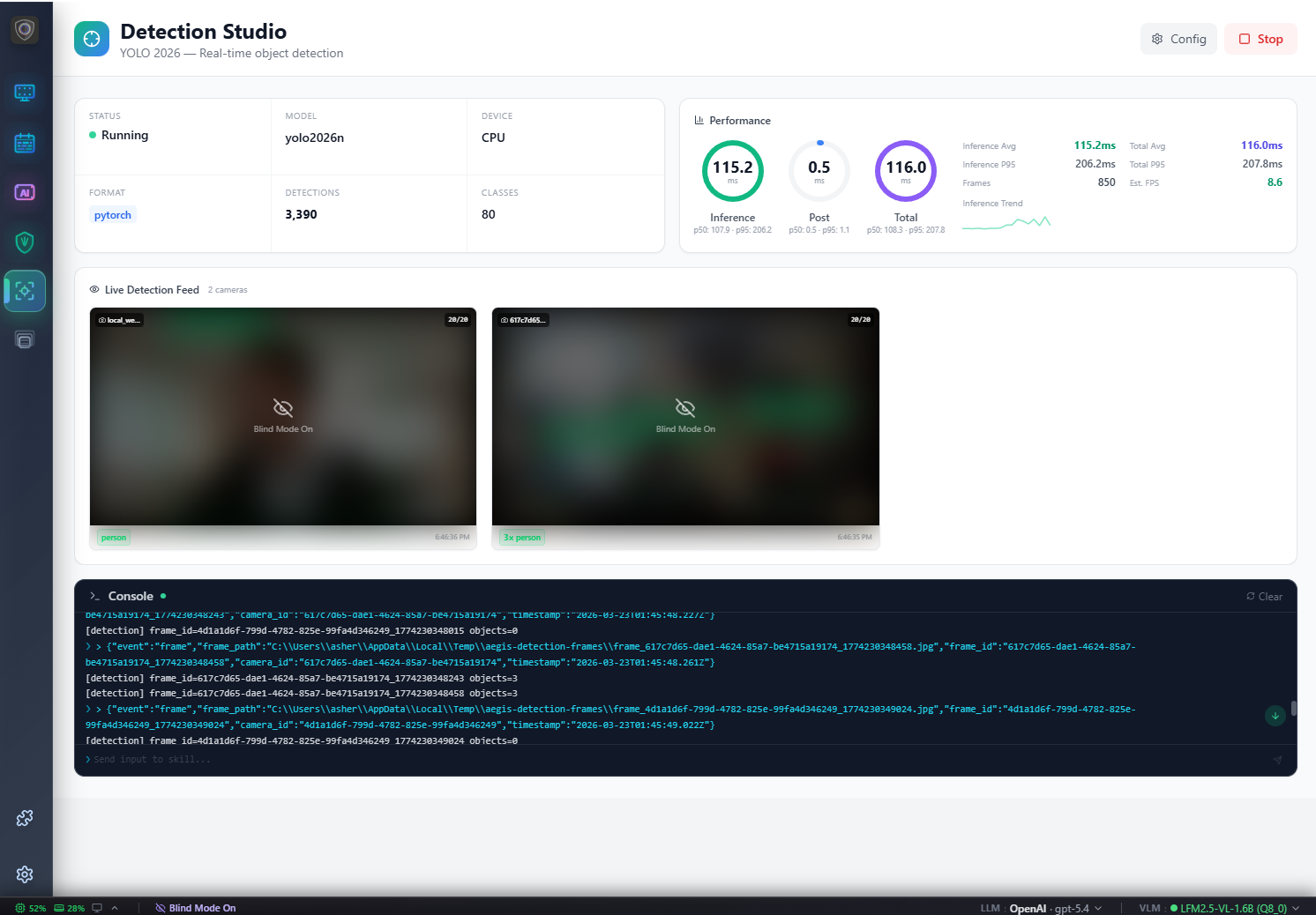 Aegis Detection Studio â YOLO 2026 live detection with performance metrics
