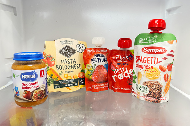 produktfoto av alle barnematproduktene som er testet.foto