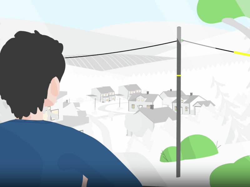 Mann som ser på strømmaster ut av vinduet. Illustrasjon