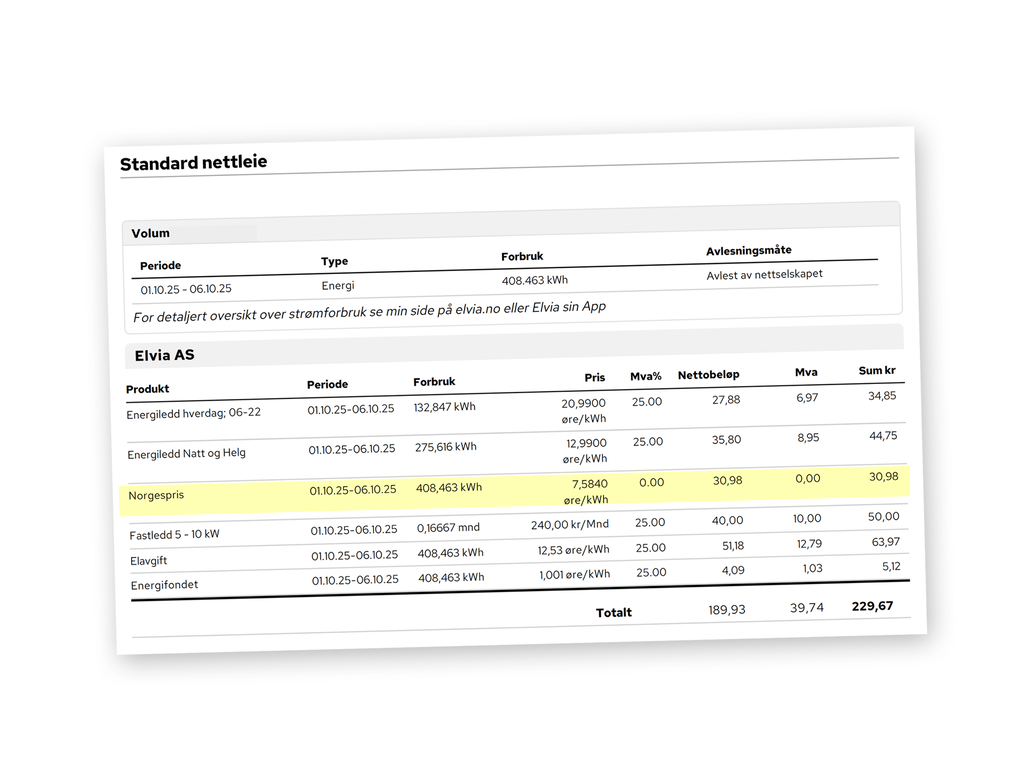 Illustrasjon av en faktura med norgespris