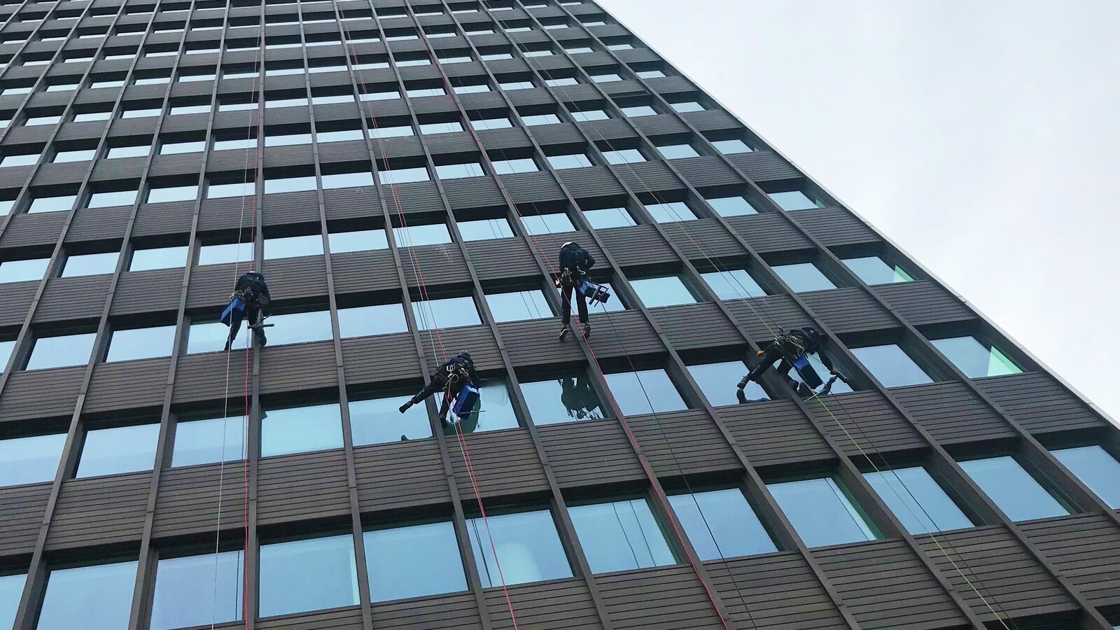 Arbeid i tau utenpå en høy bygning