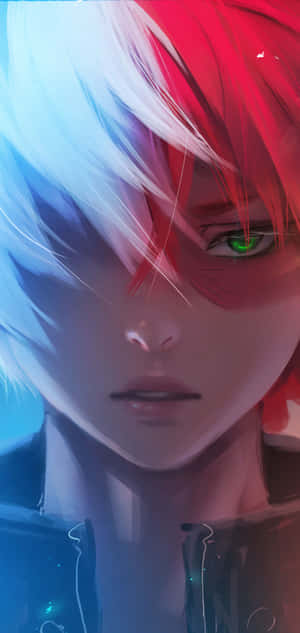Anime character with red and blue hair and glowing green eyes. — Boy Wallpaper