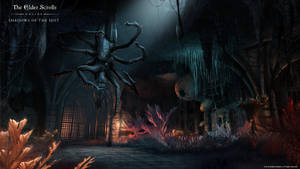 A giant spider hovers in a ruined gothic dungeon with glowing plants. — Scrolls Wallpaper
