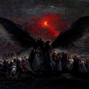 A large-winged angel oversees a gathering of people beneath a crimson moon. — Sinister Wallpaper