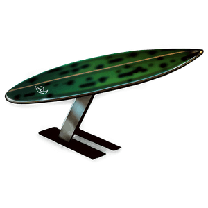 A green surfboard with black spots on a metallic stand in a dark studio setting. — Sablefish Wallpaper
