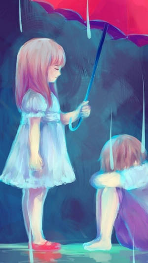 Girl holding red umbrella over crouching child in rainy scene. — Raining Wallpaper