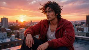 Man in red jacket sitting on rooftop at sunset overlooking city — Benimaru Wallpaper
