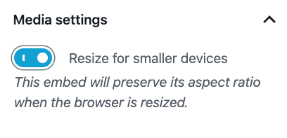 Media settings for the Kickstarter Embed Block set to resizing on.