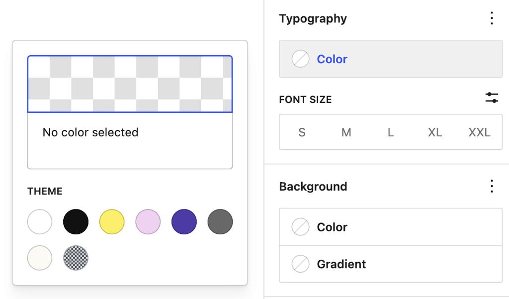 No color selected shown in typography color palette
