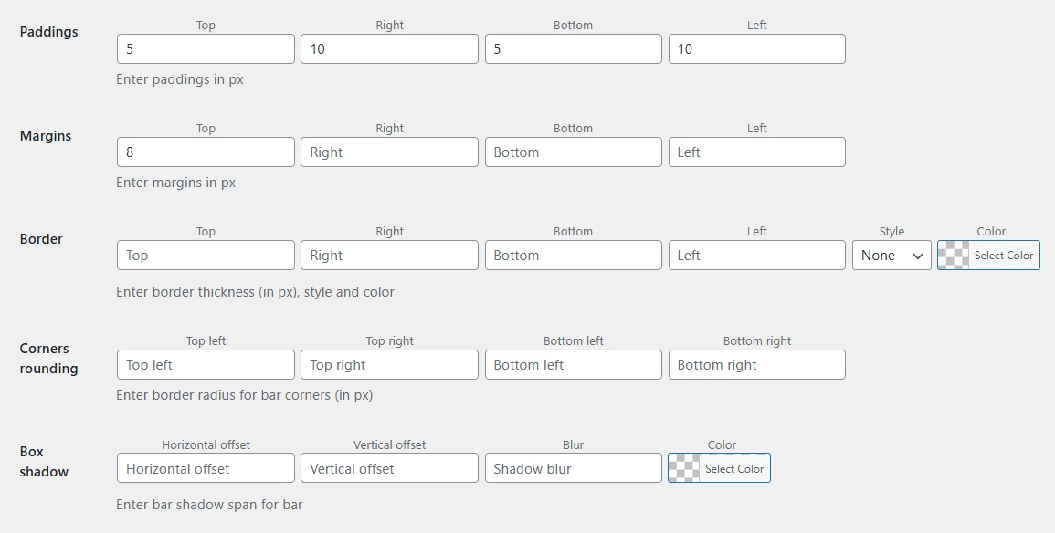 Paddings, margins, border, corner rounding, and box shadow in Flexible Cookies Style Add-on