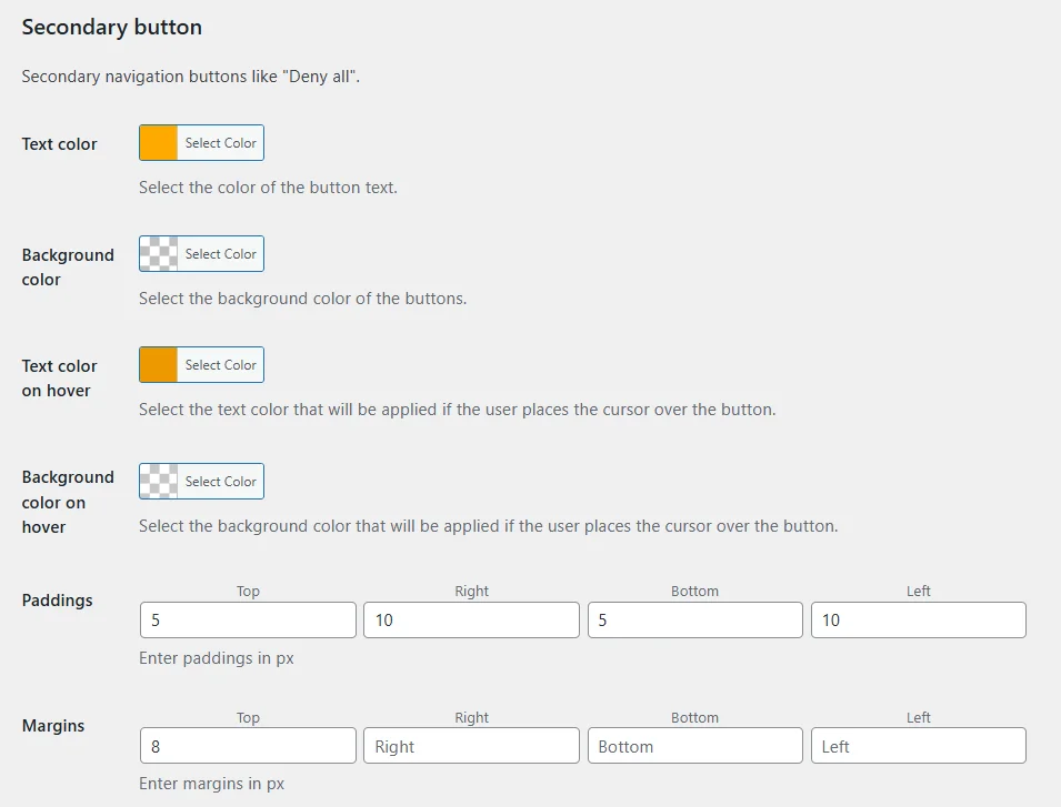 Secondary button styling in Flexible Cookies Style Add-on