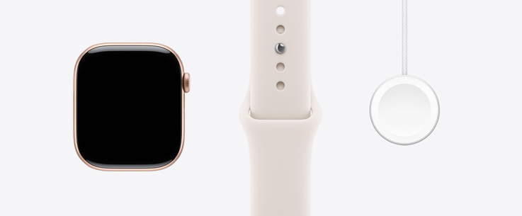 Apple Watch Series 11, carcasă din aluminiu, culoare Roz auriu, exterior frontal, ecran de la o margine la alta, curea Sport Ușoară îmbujorare, Cablu USB-C cu suport magnetic de încărcare rapidă pentru Apple Watch