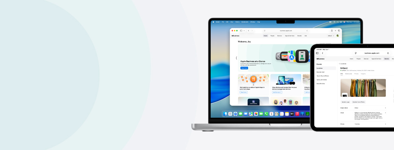 Apple-enheter som viser Apple Business-tjenester