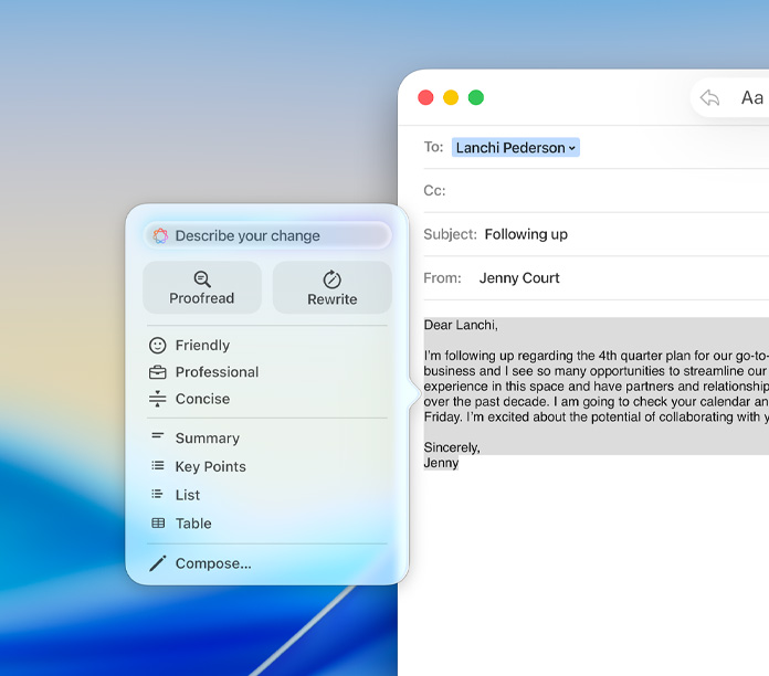 Mail-appen med et Skriveverktøy-panel for Apple Intelligence som viser valg for å korrekturlese, skrive om og justere tonen