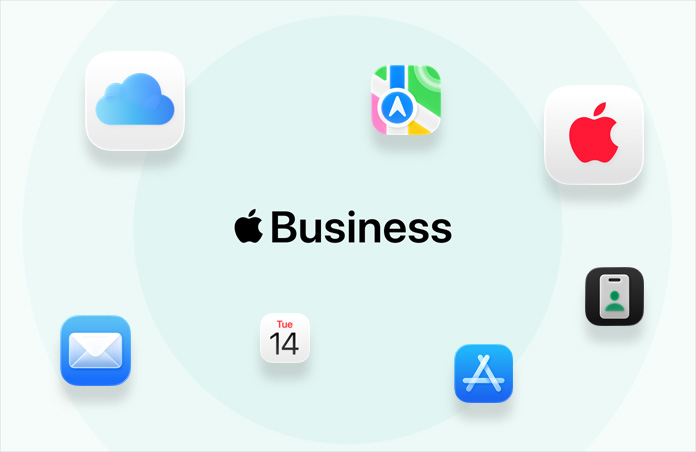 Apple Business omgitt av appsymboler: iCloud, Kart, AppleCare, Mail, Kalender, App Store, Apple Business-appen