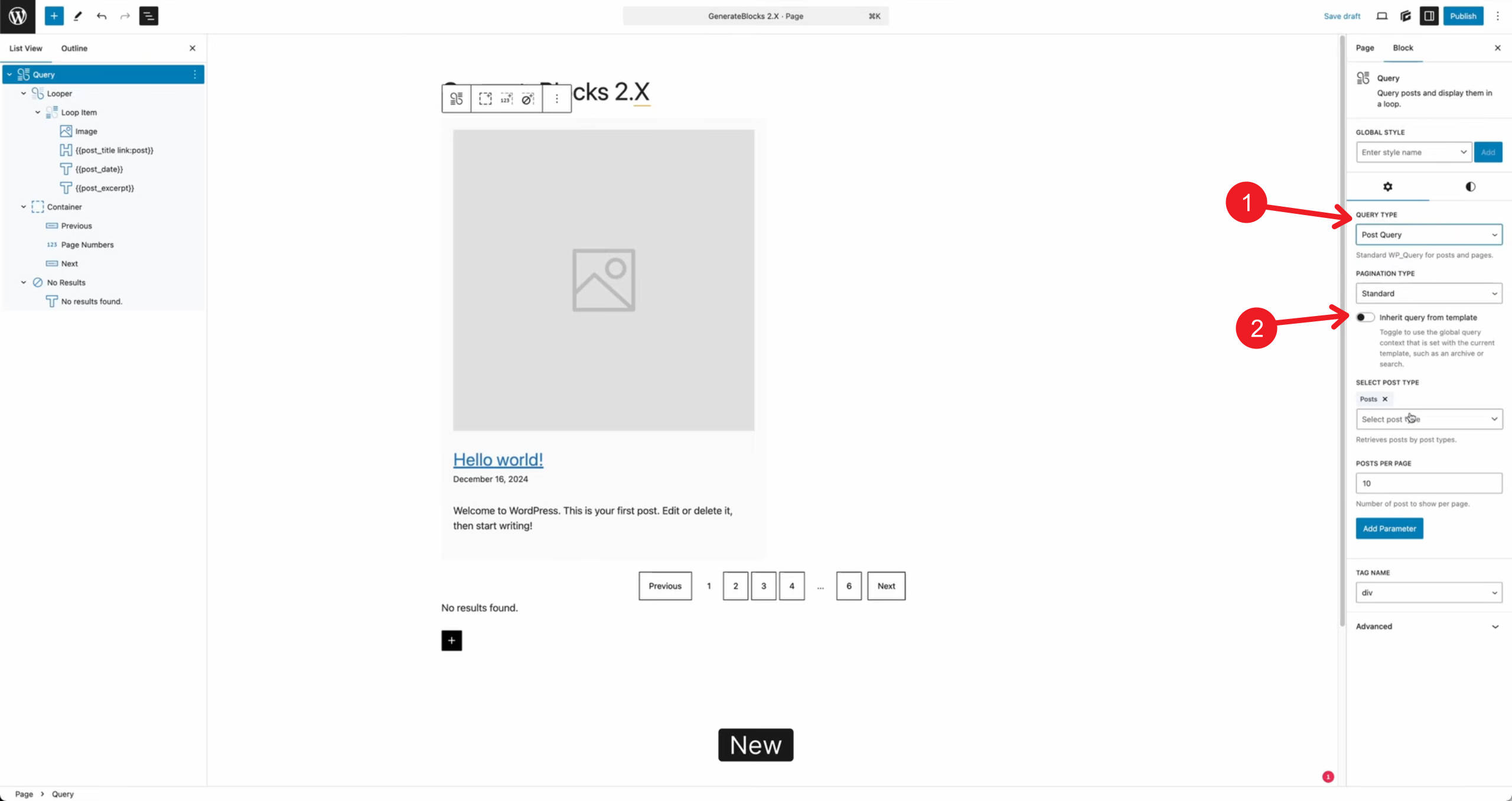 GenerateBlocks Query Parameters Including Inherit Query from Template