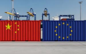 International Trade Shipping Containers with China EU Flags