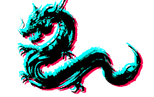Image of a dragon with blue, black and red