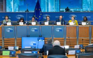 Photo of the podium from DROI public hearing "Third-country nationals forced to fight in Russia's war of aggression against Ukraine"