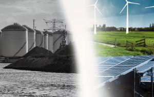 the image is divided in two: on the left there is a picture of fossil fuels sources, and on the right there are renewable energy sources