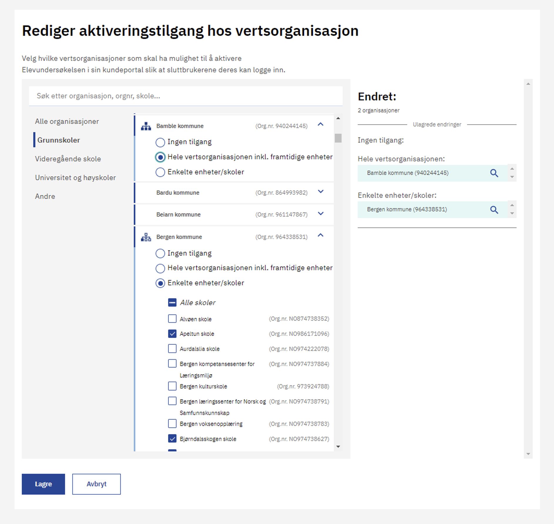 "Skjermbilde av hvordan tjenesteleverandører kan redigere aktiveringstilgang hos vertsorganisasjoner i Feides kundeportal."