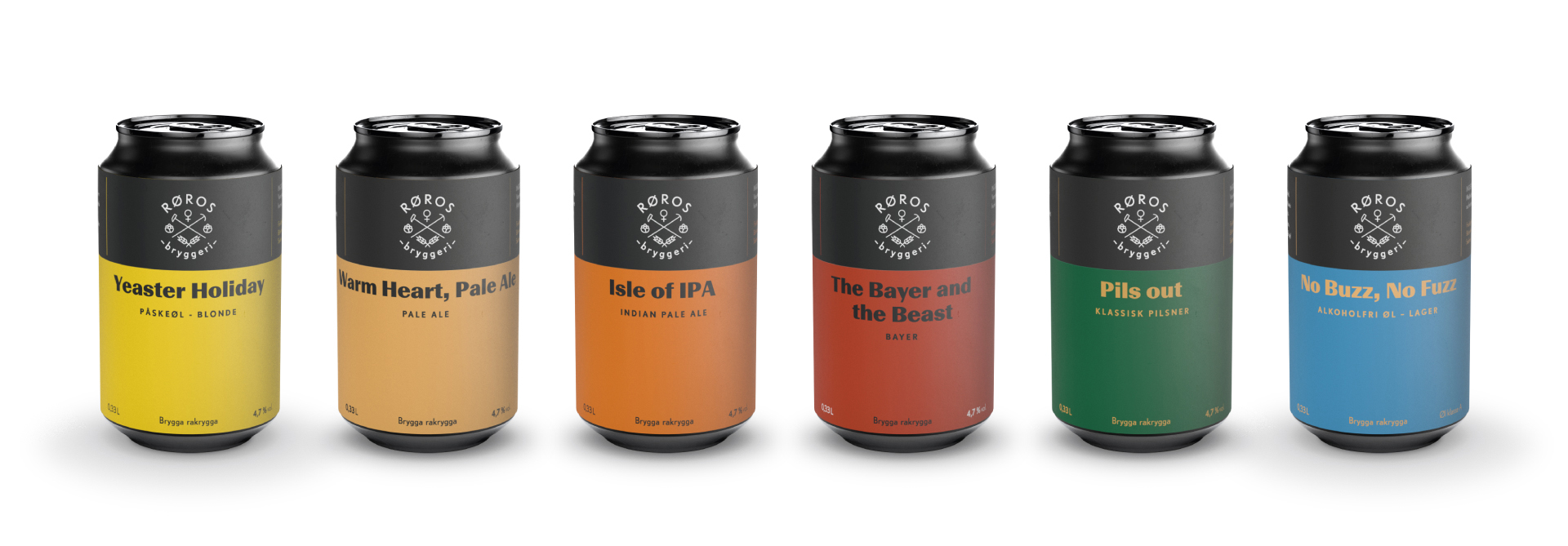 Seks ølbokser fra Røros Bryggeri i ulike farger, med navn og øltype trykket på etikettene. Designet viser en tydelig visuell identitet med distinkte fargekoder for hver øltype.
