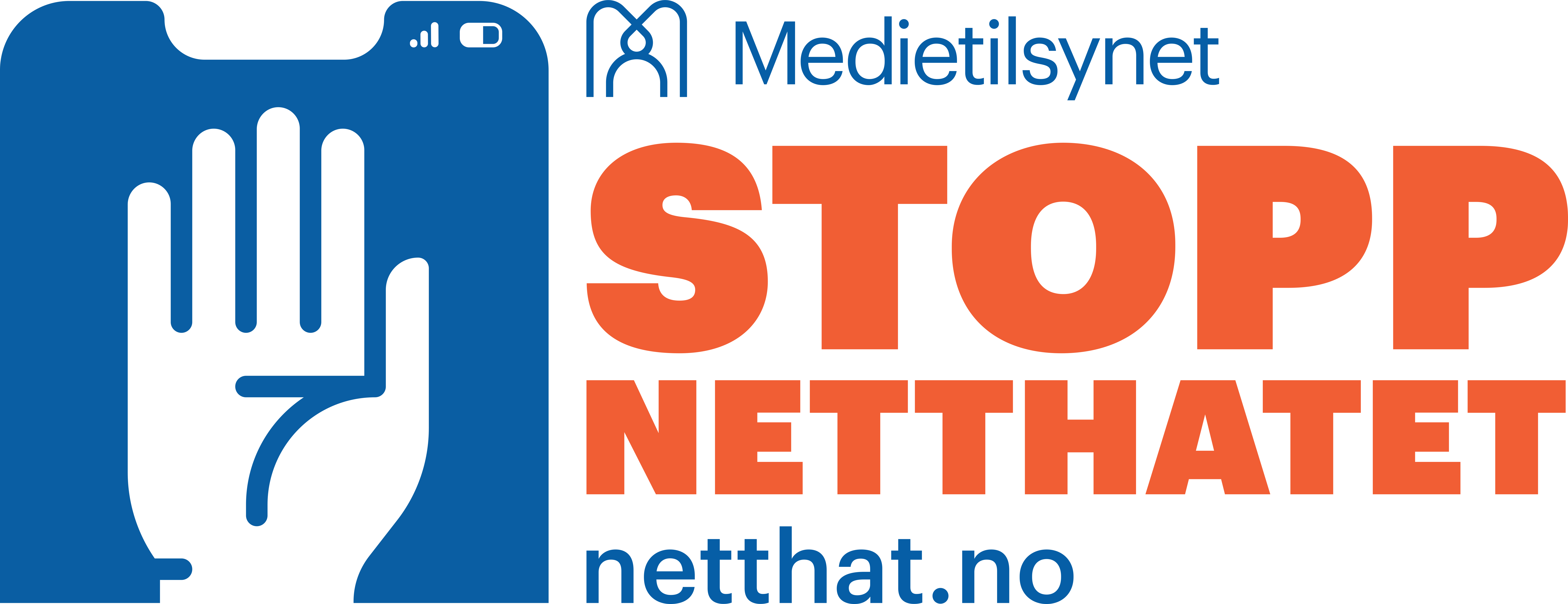Bilde er en illustrasjonslogo som viser en hånd som symboliserer stopp! Teksten sier "Stopp netthatet. Netthat.no".
