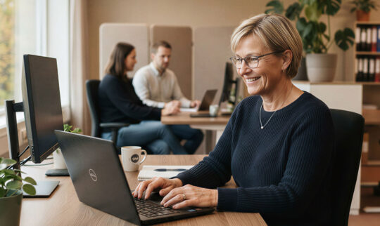 En blid middelaldende dame ved data på et kontor. AI-generert.