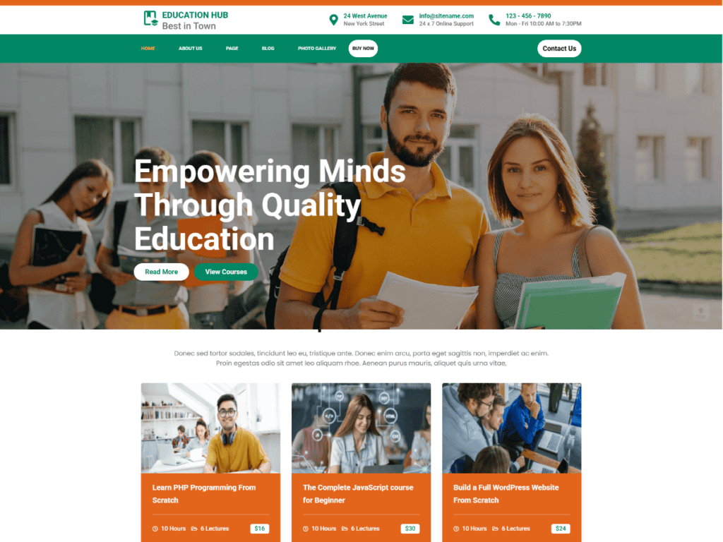 Education Hub WordPress theme homepage template with students and Empowering Minds headline