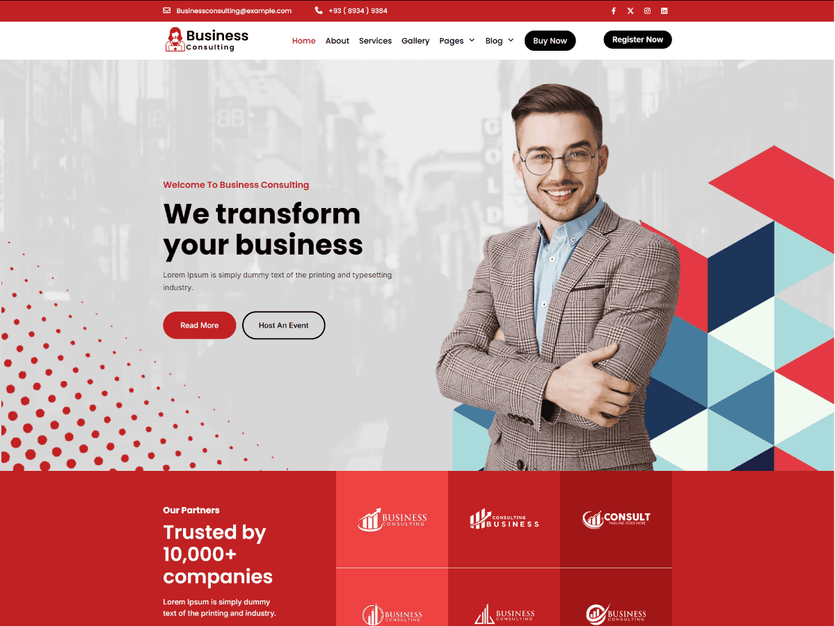 Business consulting WordPress theme homepage template with consultant and call-to-action buttons