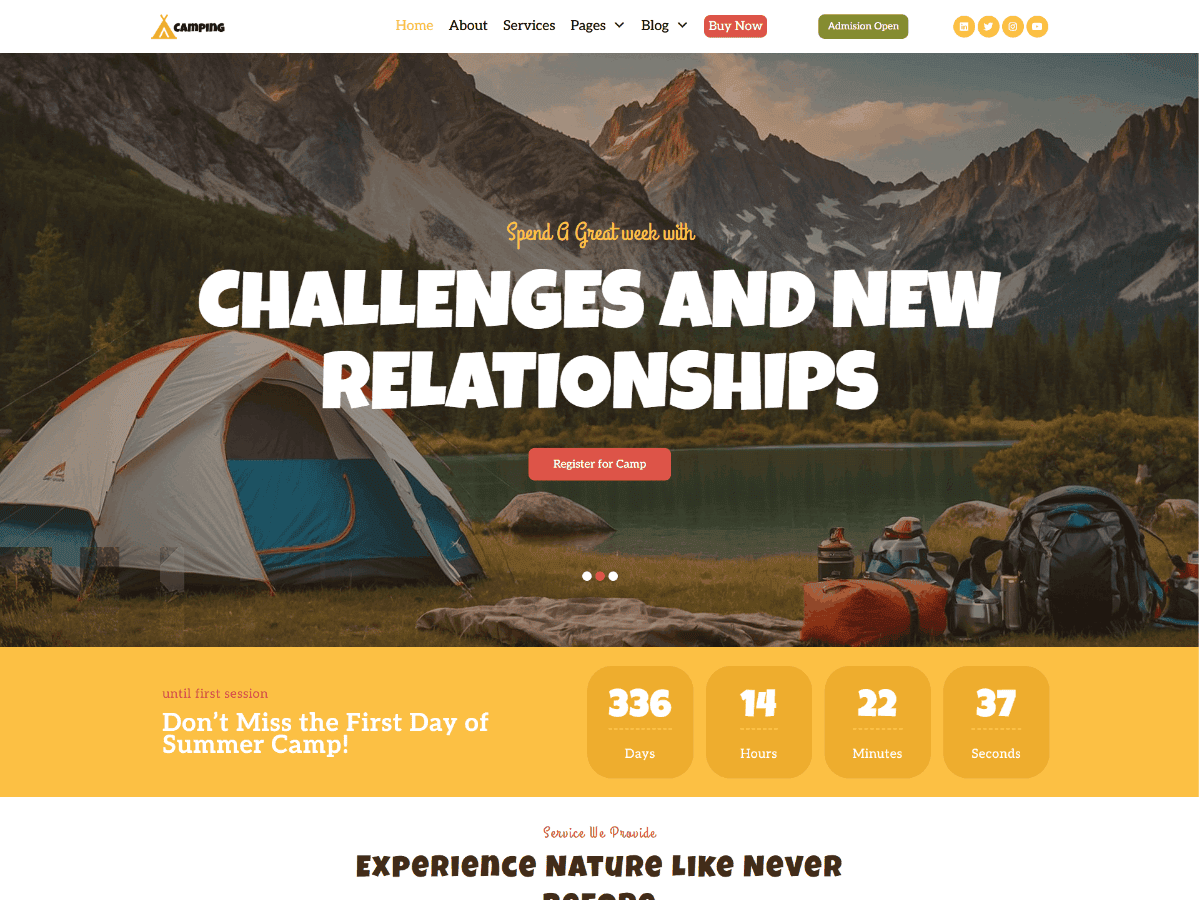 Adventure camp WordPress theme homepage with tent by mountain lake and registration CTA