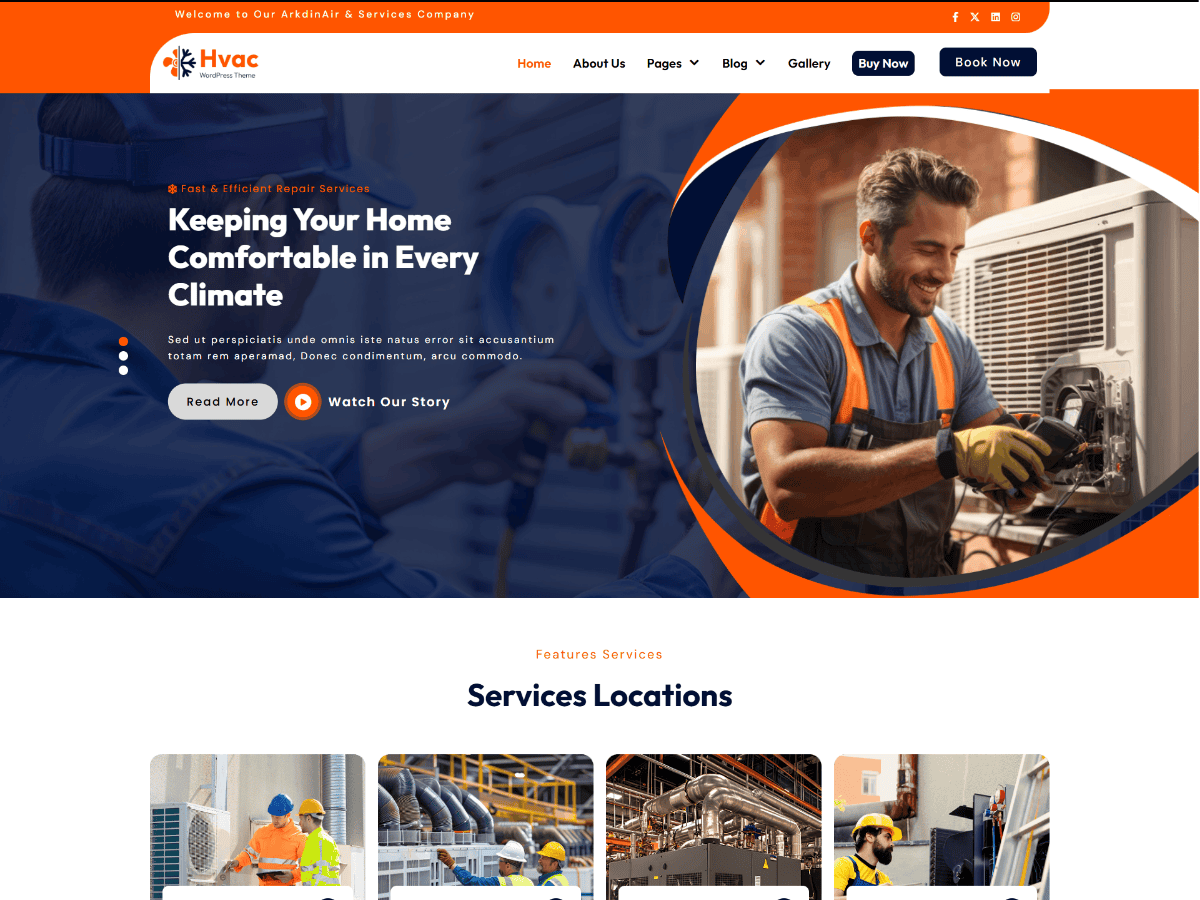 HVAC technician repairing outdoor air conditioner unit on HVAC WordPress theme homepage banner