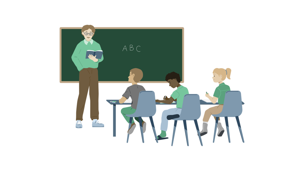 Tre elever i et klasserom som noterer det læreren sier